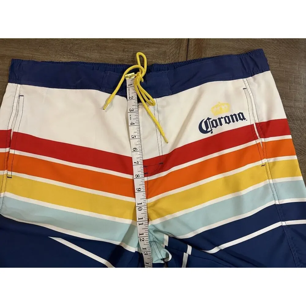 Corona Swim Trunks Mens L 36/38 Blue Colorful Striped Board Shorts Beer Retro